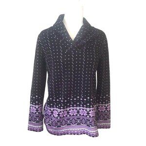 Talbots Women's Medium Sweatshirt Top Black/Purple Fair Isle Snowflakes Pattern